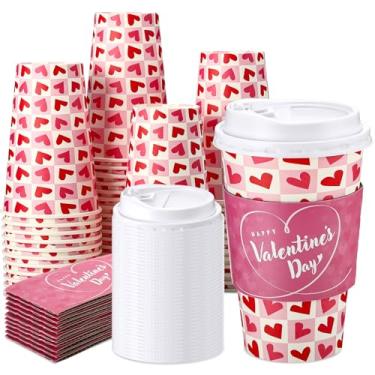Imagem de Lallisa Pacote com 50 xícaras de café descartáveis de 473 ml, dia dos namorados, com tampas e mangas, copos de papel de coração a granel para dia dos namorados, casamento, aniversário, bebidas quentes
