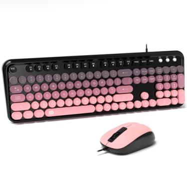 Imagem de FOPETT Combo de teclado e mouse com fio 8870P - Teclados de computador de tamanho completo com 104 teclas redondas, mouse e teclado retrô para PC, Windows, desktop, laptop - rosa colorido