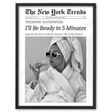 Imagem de EcoHest Arte de parede emoldurada de madeira de carvalho sólida preta de 40,6 x 50,8 cm, I'll Be Ready in 5 Minutes Trendy Newspaper Print, tela de maquiagem feminista preta e branca, arte de parede