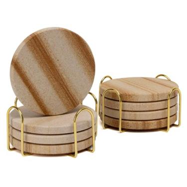 Imagem de YONGHEE Conjunto de 8 porta-copos de arenito com suporte, porta-copos de mármore redondos modernos elegantes para decoração de mesa de café, porta-copos de pedra absorvente para bebidas, 10 cm