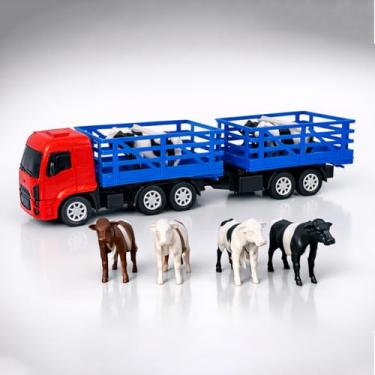 Imagem de Caminhão boi Grande bitrem 4 boi brinquedo carreta infantil miniatura boiadeiro carga viva animais