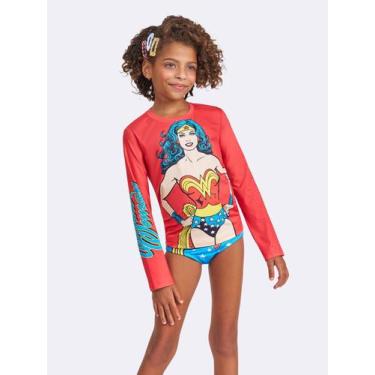Imagem de Blusa UV Mulher-Maravilha com Manga Longa - DC, Vermelho, 14, Meninas