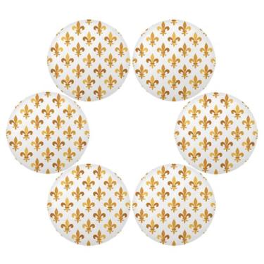 Imagem de Wassud Jogo americano conjunto de 6 tapetes de mesa redondos amarelos flor-de-lis para cozinha e jantar tapetes laváveis resistentes ao calor decoração de mesa 39 cm
