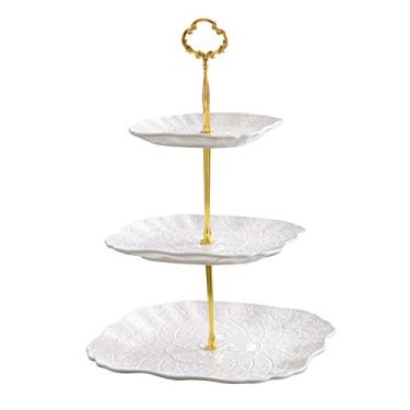 Imagem de Suportes de cupcake estilo europeu em relevo cerâmica rosa prato de frutas três camadas chá da tarde prato lanche aniversário casamento bolo prato bandeja bandeja de servir (cor: branco tamanho: 26