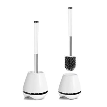 Imagem de Conjunto de escova de vaso sanitário e suporte, aço inoxidável com cerdas de silicone macio conjunto de escova de vaso sanitário de limpeza resistente para banheiro (cor: 1 peça) (2 peças)