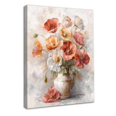 Imagem de Dazzlewall Pintura de arte de parede floral emoldurada, flores vermelhas brancas em vaso impressão de arte aquarela flor imagem de parede para quarto sala de estar decoração estética, 30 x 40 cm