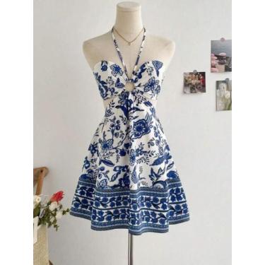 Imagem de Vestido Feminino Estampado Floral Com Decote Halter, Sexy E Moderno, E