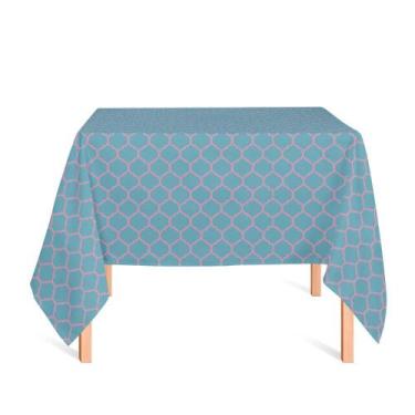 Imagem de Toalha de Mesa Quadrada em Tecido Jacquard Azul Turquesa e Rosa Geomét