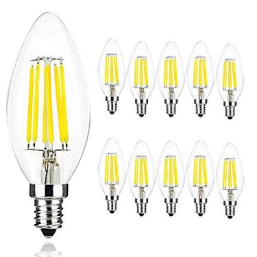 Imagem de Lâmpada LED de filamento tipo vela E14, 6W, formato C35, equivalente a 60W incandescente, branco frio 6000-6500K, pequena, rosca Edison, para lustres, pacote com 10 unidades.