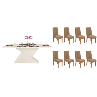 Imagem de Conjunto: Mesa Sala Jantar Zafira c/ Tampo Madeirado c/ Vidro Curvo 200x100cm e 8 Cadeiras Lia Off White - Freijo/Linho Bege - DJ Móveis
