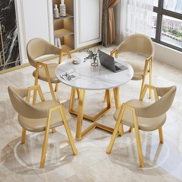 Imagem de Conjunto de mesa de negociação para sala de conferências, mesa redonda de recepção de escritório e conjunto de cadeira de sala de estar, mesa redonda de ardósia PU/algodão e linho conjunto de 5 peças