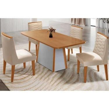 Imagem de Conjunto Sala de Jantar Tilia c/ Tampo Madeirado Canto Curvo 120x80cm e 4 Cadeiras Maldivas Madeira Maciça Naturale/Off White - Capuccino/Suede Creme-