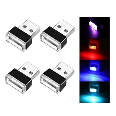 Imagem de Ziciner 4 peças USB LED lâmpada de atmosfera interior do carro, mini luz noturna de LED portátil, interface USB plug-in kit de iluminação ambiente porta-malas, acessórios interiores universais (azul +
