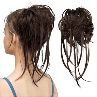 Imagem de CJL HAIR Extensões de coque bagunçado de cabelo cacheado com caudas retas cabelo sintético scrunchies rabo de cavalo para mulheres marrom escuro