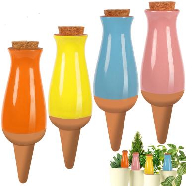 Imagem de Espigões autoirrigáveis para plantas, pacote com 4 sistemas de irrigação automática de plantas de terracota, estacas de irrigação por gotejamento, design de enchimento superior para jardim de plantas