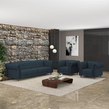 Imagem de Conjunto Sala de Estar 1 Sofá Living 180cm e 2 Poltronas Stanford Chesterfield Pés Madeira Couro Azul Marinho G58 - Gran Belo
