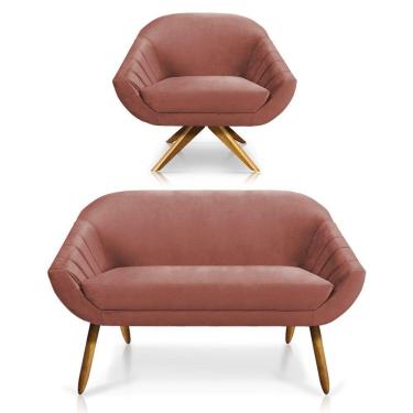 Imagem de Kit 01 Namoradeira 02 Lugares E 01 Poltrona Giratória Giovana Veludo Rosê Base Madeira