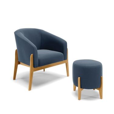 Imagem de Kit Poltrona E Puff Base Madeira Castanho Cor Azul Marinho