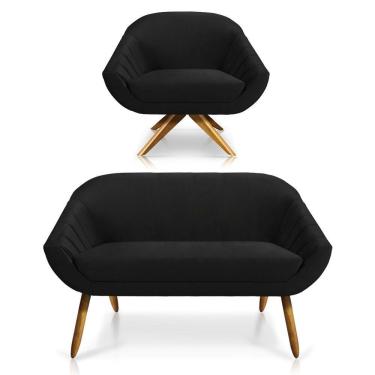 Imagem de Kit 01 Namoradeira 02 Lugares E 01 Poltrona Giratória Giovana Veludo Preto Base Madeira