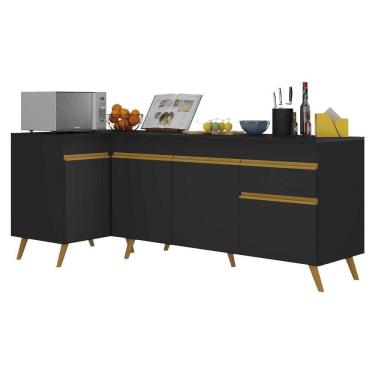 Imagem de Kit Armário De Cozinha Balcão Canto 90cm E Gabinete Pia 150cm Veneza Multimóveis Mp2158 Preto/dourado Preto/dourado