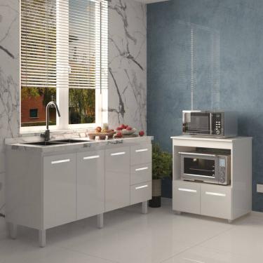 Imagem de Balcão Cozinha Armário Gabinete de Pia 160 cm Estela e Balcão para Forno Elétrico e Microondas Amanda Branco