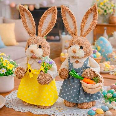 Imagem de Dupla Boneco Coelho Coelhinho Palha Decorativo Páscoa 33cm