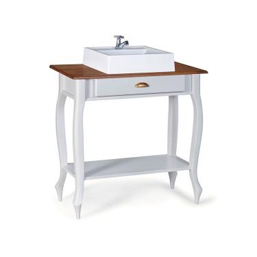 Imagem de Bancada Aparador Mini Lavabo com Cuba 1 Gaveta Pés Luiz XV Dália 3062 - Off White/Imbuia Glazer