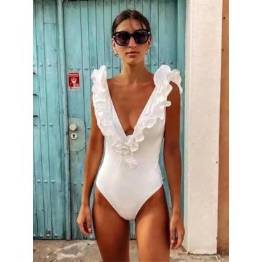 Imagem de Biquíni Swimwear Feminino Top Bottoms Conjuntos De Maiô Mulheres Branco Babado Craque Maiô Uma Peça Body Decote V Profundo Roupa De Banho Banho Natação Praia, White, L