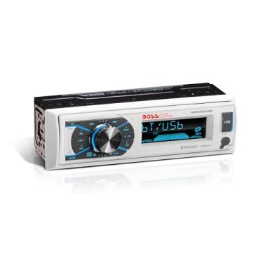 Imagem de Sistema de áudio marítimo MR632UAB BOSS Audio Systems à prova de intempéries, Bluetooth, viva-voz, USB, MP3, AM/FM, auxiliar, sem leitor de CD, luzes multicor RGB, painel frontal destacável, branco