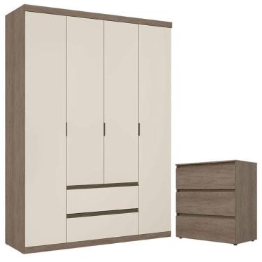 Imagem de Guarda Roupa Solteiro Nobre 4 Portas Off White e Cômoda Gaveteiro Condessa Rustic Acetinado - THB