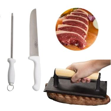 Imagem de Kit para Churrasco com Prensa para Carnes, Faca e Chaira em Aço Inoxidável, Ferro Fundi...