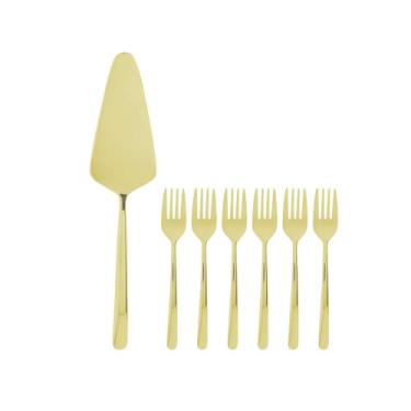 Imagem de Conjunto 7pç Espátula para bolo e 6 garfos de sobremesa dourado Viena 