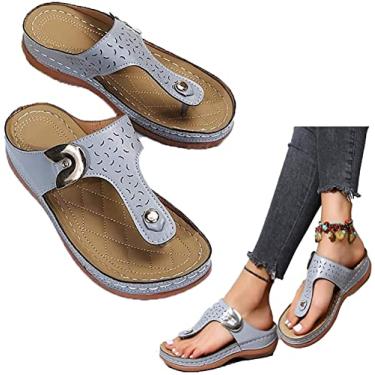 Imagem de Chinelos de praia femininos de verão 2022 nova decoração de metal padrão anabela, chinelos de praia casuais de verão com fivela (8, cinza)