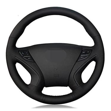 Imagem de TPHJRM Capa de volante de carro DIY costurado à mão couro artificial preto, apto para Hyundai Sonata 8 2011 2012 2013 2014