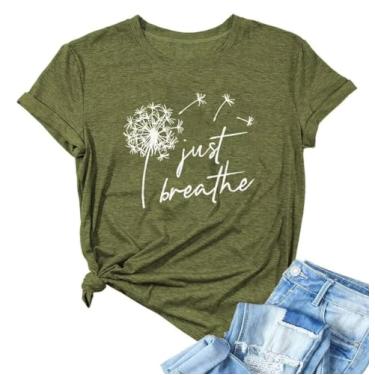 Imagem de Camiseta feminina com estampa de dente-de-leão flores silvestres faça um desejo vintage, camisetas divertidas de verão de manga curta, Verde escuro, P