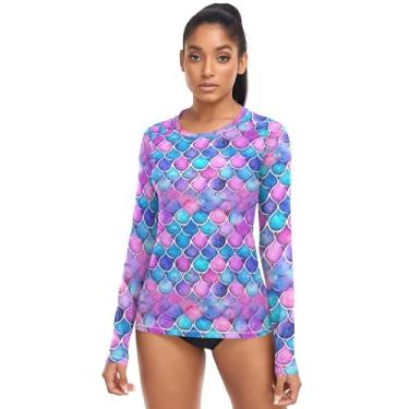 Imagem de Camiseta feminina Rash Guard com proteção solar modesta, manga comprida, secagem rápida, para natação, caminhada, pesca, Escamas de sereia azul-rosa turquesa, P