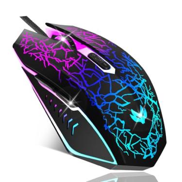 Imagem de Mouse para jogos com fio, mouse de computador com luz LED de 4 cores, mouse ergonômico com 6 botões de clique silencioso, 3 mouse com fio USB ajustável de 2400 DPI para laptop, PC, Mac, preto