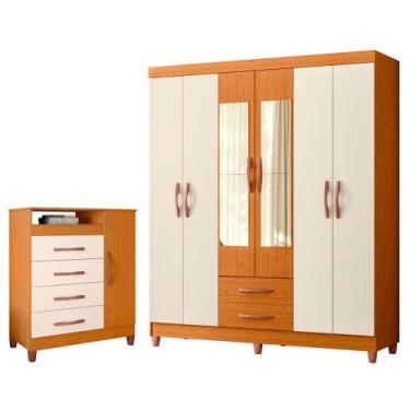 Imagem de Quarto Solteiro Completo Guarda Roupa Âmbar 6 portas com Espelho Cômod