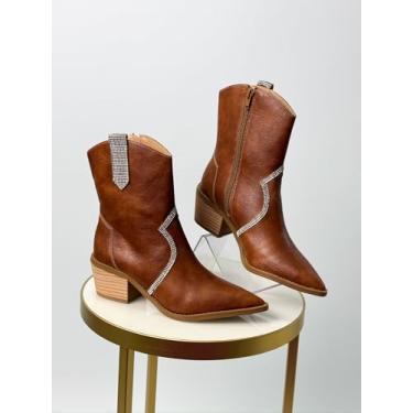 Imagem de Bota Texana Feminina em Couro, Bico Fino, Cano Médio 12cm, Salto 4.5cm, com Strass, Marrom/Branco/Preto (MARROM, BR, Adulto, Numérico, 35)