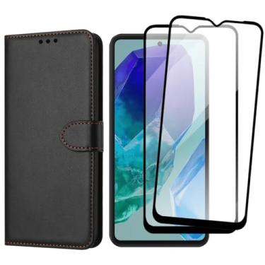 Imagem de Kit Capa Carteira Para Galaxy M55, Porta Cartões Preta com Fechamento Magnético + 2 Películas de Vidro 3D