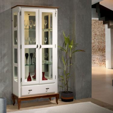 Imagem de Cristaleira com Espelho e LED 2 Portas 3 Prateleiras e Laterais em Vidro 60303EL Linz Móveis - Branco/Imbuia Glazer