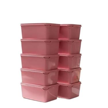 Imagem de Kit 10 Potes Retangular 1L Armazenamento Alimentos Tampa Marmita BPA Free Micro ondas Freezer (10 Potes Rosa)