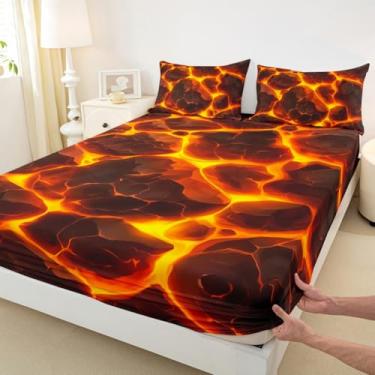 Imagem de Jogo de lençol com elástico geométrico, arte abstrata, lava magma, para adultos, ultramacio, presente de chama, com 2 fronhas, tamanho Queen