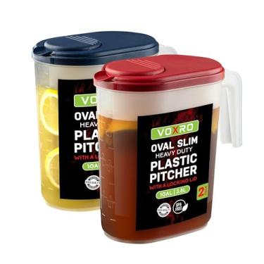 Imagem de Pacote com 2 jarras de água de 1 galão com tampa e bico superior – Jarra de plástico de medição fina para porta de geladeira – pode ser lavada na máquina de lavar louça/freezer, livre de BPA (azul e