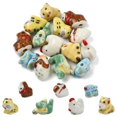 Imagem de DanLingJewelry 14 peças de contas de porcelana com tema aniaml misto, feitas à mão, tigre, ovelha, vaca, contas de cerâmica para pulseiras de miçangas faça você mesmo