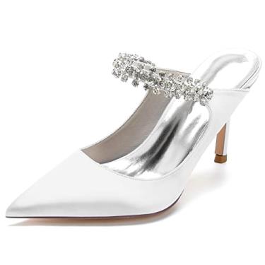 Imagem de Sapato feminino Slingback Maryjane 8,5 cm salto alto de casamento bico fino strass festa trabalho nó de formatura, Branco, 11