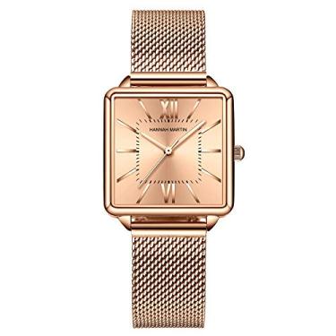 Imagem de Relógios femininos rosa dourado/prata malha aço inoxidável pulseira casual à prova d'água relógio de pulso para mulheres com mostrador quadrado, Rose-gold