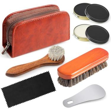 Imagem de Wovnet Kit de 7 peças de cuidados com sapatos, preto e neutro, inclui 2 polidores de sapatos, 2 escovas de couro para cuidados com botas e sapatos, 1 pano de limpeza, 1 puxador de metal para sapatos,