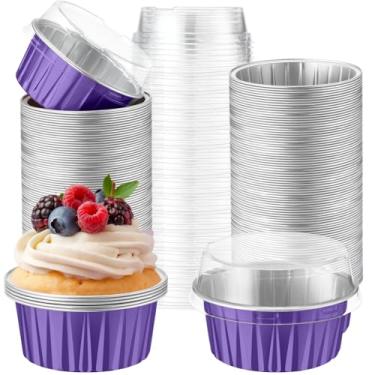 Imagem de Gandeer Pacote com 200 forros de cupcake de folha de alumínio de 142 g, copos de sobremesa com tampas, embalagens de cupcake descartáveis, mini recipientes de bolo, formas de pudim de muffin para