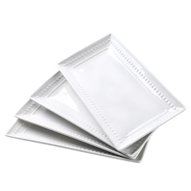 Imagem de Feenmai Travessa de cerâmica de 35,5 cm – Conjunto de 4 bandejas retangulares, pratos grandes em relevo, travessas brancas de porcelana para bifes, aperitivos, sobremesas, tacos, inauguração de casa